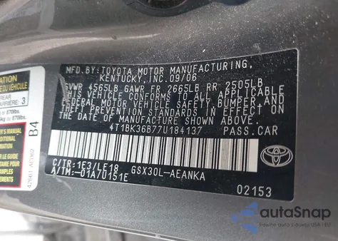 2007 Toyota Avalon Touring z USA, uszkodzony, nr VIN 4T1BK36B77U184137